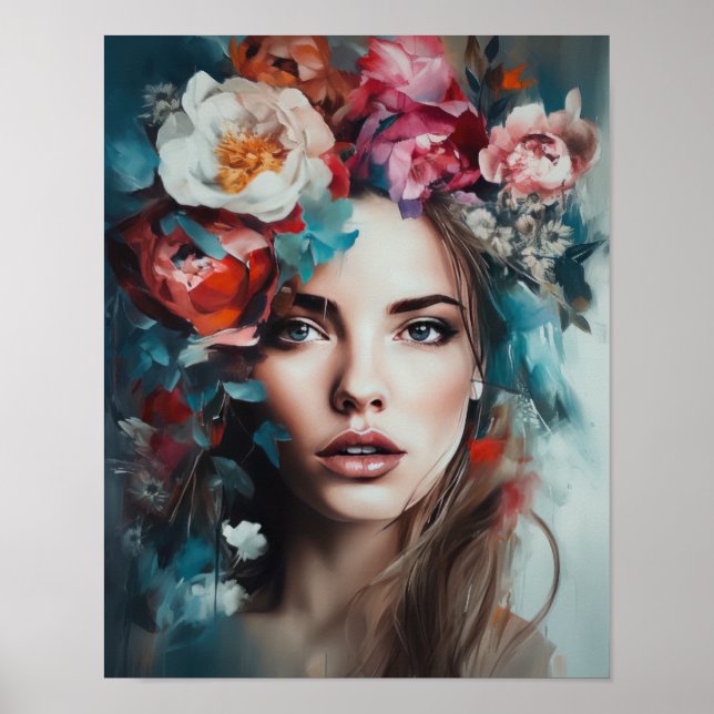 Mujer con Cabeza de Flor Impresión de Arte Póster (Frente)