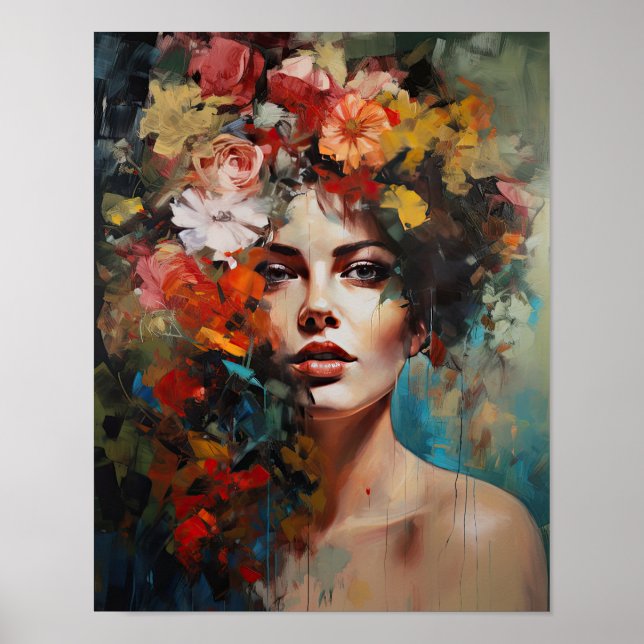 Mujer con Cabeza de Flor Impresión de Arte Póster (Frente)
