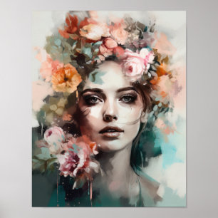 Mujer con Cabeza de Flor Impresión de Arte Póster