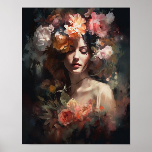 Mujer con cabeza de flor impresión de arte póster (Frente)