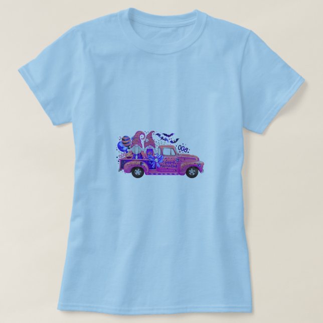 Mujer con camiseta azul claro con Gnome T de Hallo (Diseño del anverso)