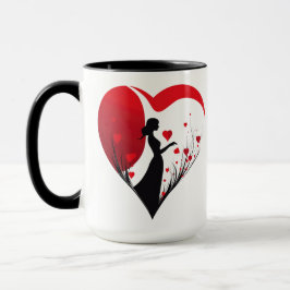 Mujer con corazón en taza roja y negra