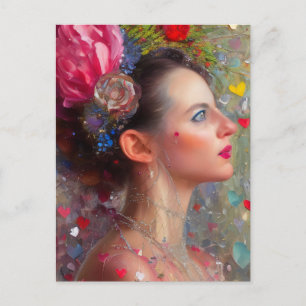 Mujer con flores y corazón postal