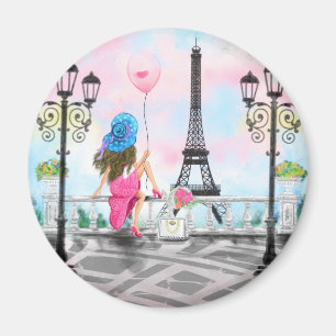 Mujer con globo rosa en regalo de imán en París