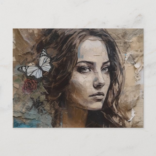 Mujer con Mariposas Tarjeta Postal de Técnica Mixt (Anverso)