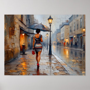 Mujer con Paraguas Arte de Calle Lluviosa