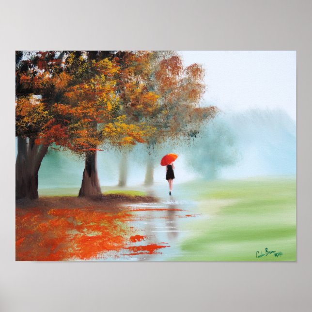 Mujer con paraguas rojos arte paisajístico otoñal (Frente)