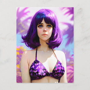Mujer con pelo púrpura y postal de bikini púrpura