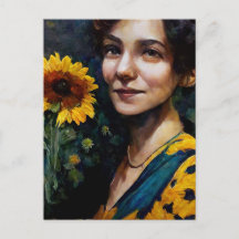 Mujer con postal de girasol