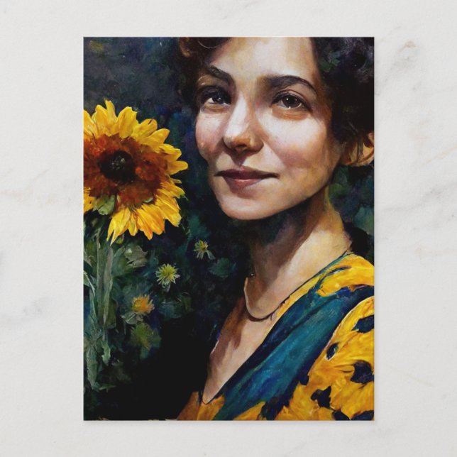 Mujer con postal de girasol (Anverso)