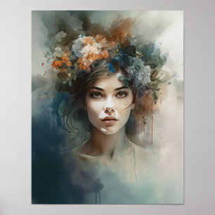Mujer con Poster de impresión de arte de cabeza de