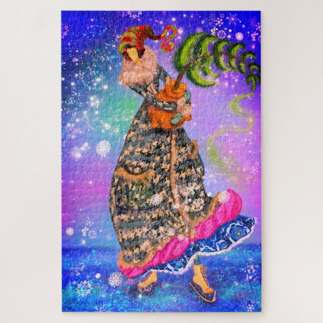 Mujer con rompecabezas de árbol de Navidad pintado (Vertical)