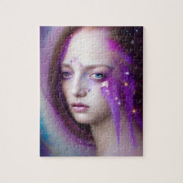 Mujer con rompecabezas de pelo morado