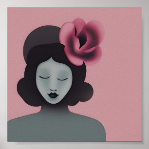Mujer con sombrero floral rosa y gris arte minimal