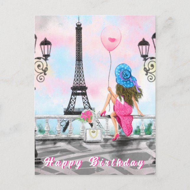 Mujer Con Tarjeta De Cumpleaños Feliz En La Torre  (Anverso)