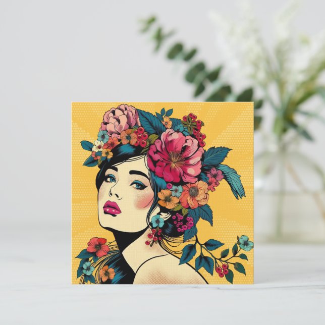 Mujer con tarjeta de impresión de arte con flores (Anverso de pie)