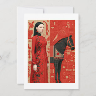 Mujer con un vestido rojo con flores y caballo neg