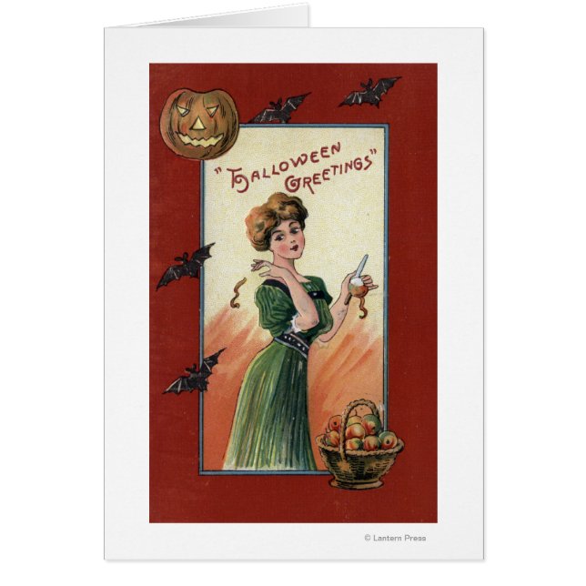 Mujer con un vestido verde que despoja a Apple (Frente)