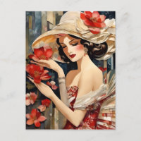 Mujer con una tarjeta postal Gorra brillante