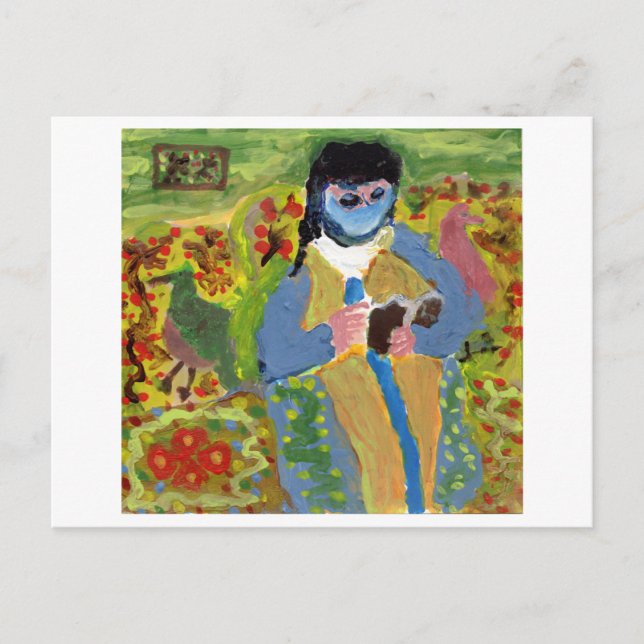 Mujer con velo azul, leyendo, postal (Anverso)