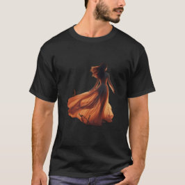 Mujer con vestido fluido en camiseta negra de mang