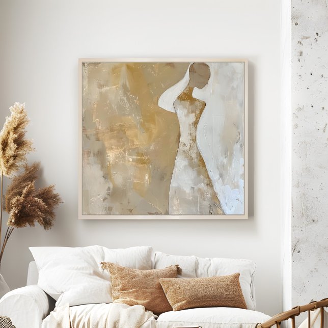 Mujer contemporánea pinta arte estético en pared (Contemporary Woman Painting Aesthetic Wall Art in a neutral boho living room.)