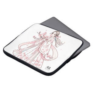 Mujer coreana en Hanbok con bolsa de electrónica d