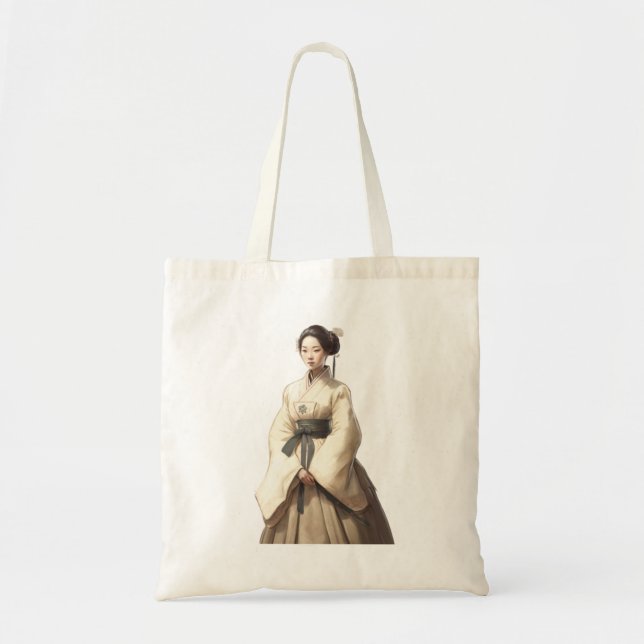 Mujer coreana en Hanbok tocando la bolsa (Frente)