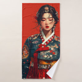 Mujer coreana moderna en retrato de Hanbok
