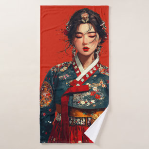 Mujer coreana moderna en retrato de Hanbok
