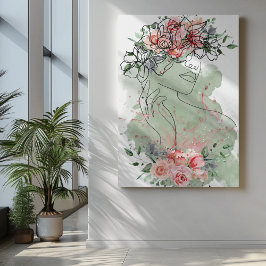 Mujer de arte de línea con flores salpicaduras de