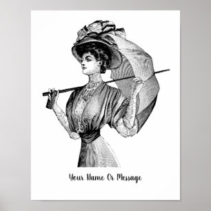 Mujer de arte en B/N de 1800 con paraguas