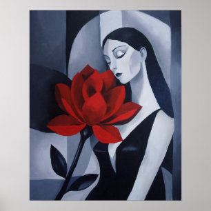 Mujer de Arte Moderno con Flor de Rosa Roja Retrat