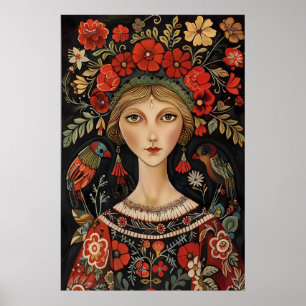 Mujer de arte popular del este de Europa con pájar