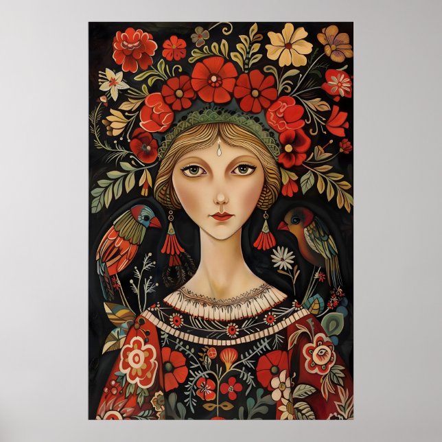 Mujer de arte popular del este de Europa con pájar (Frente)