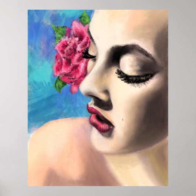 Mujer de belleza con rosa rojo - Arte de pintura o (Frente)