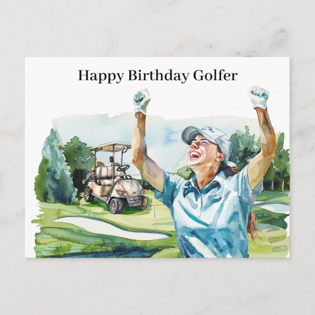 Mujer de golf jugando golf Tarjeta de golf de cump (Anverso)