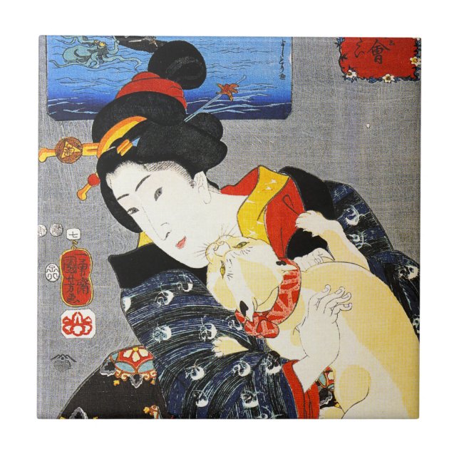 Mujer de Kuniyoshi con una teja del gato (Frente)