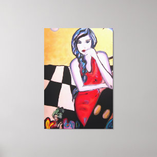 Mujer del arte pop surrealista con vestido rojo en