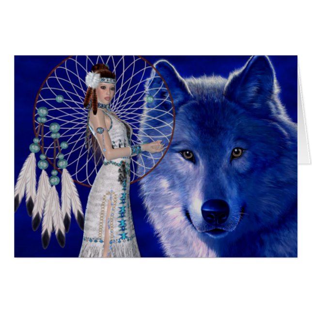 Mujer del nativo americano y diseño azul del lobo (Anverso (Horizontal))