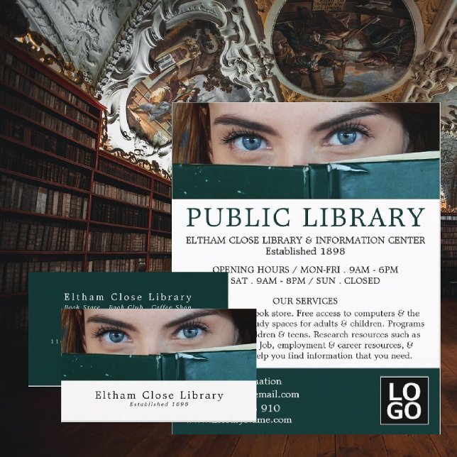 Mujer detrás de libro, publicidad en biblioteca (Subido por el creador)