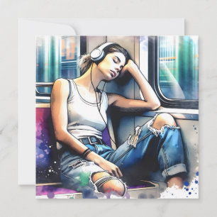 Mujer durmiendo en el metro escuchando música