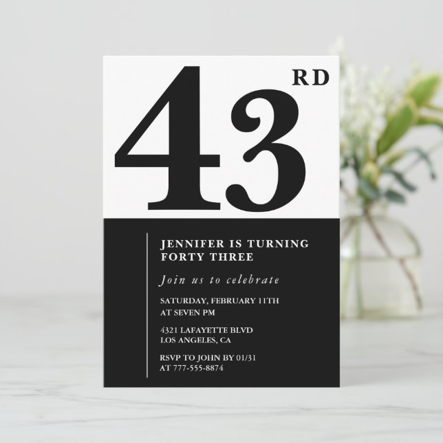 Mujer Elegante 43ª invitación de cumpleaños Negro (Anverso de pie)