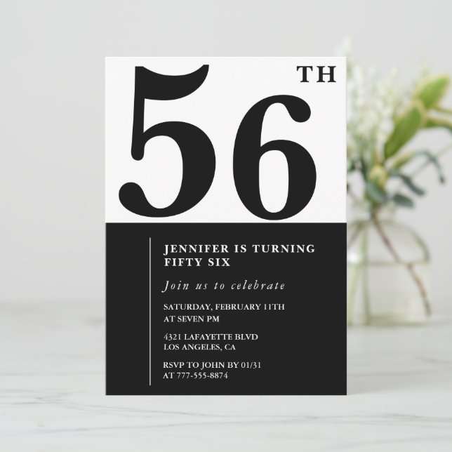 Mujer Elegante 56ª invitación de cumpleaños Negro (Anverso de pie)