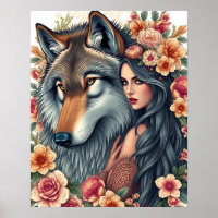 Mujer Elegante con Lobo y Flores Póster