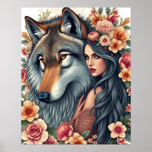 Mujer Elegante con Lobo y Flores Póster