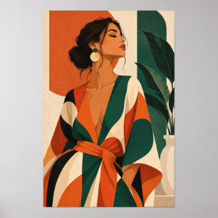 Mujer elegante en arte de pared moderno naranja y