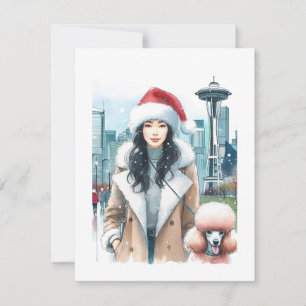 Mujer elegante paseando un caniche en Navidad en S