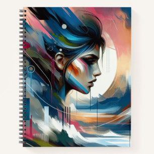 Mujer elegante y abstracta frente a cuaderno en es