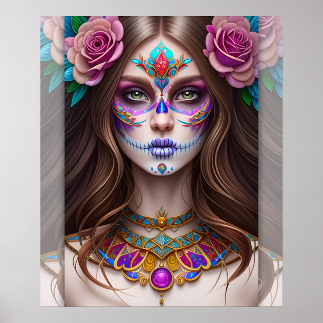 Mujer en arte de maquillaje de cráneo de azúcar (Frente)